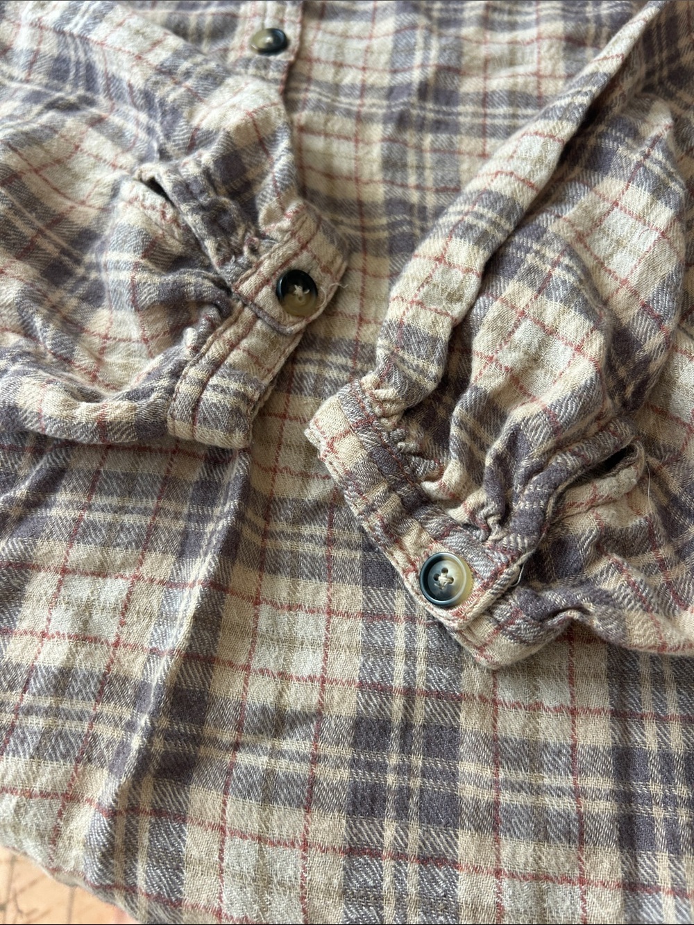Free People Cream, Beige & Rust Plaid Button-Up Flannel Henley Shirt S
